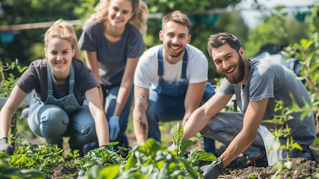 A group of happy friends working together in a garden