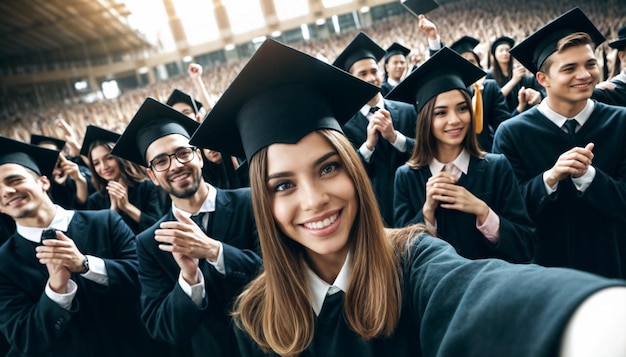 Group of happy graduates in black robes and mortarboards taking a selfie