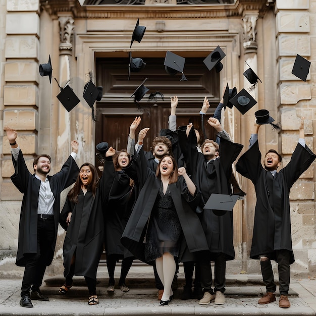 Group of happy graduates showing thumbs up at university campus