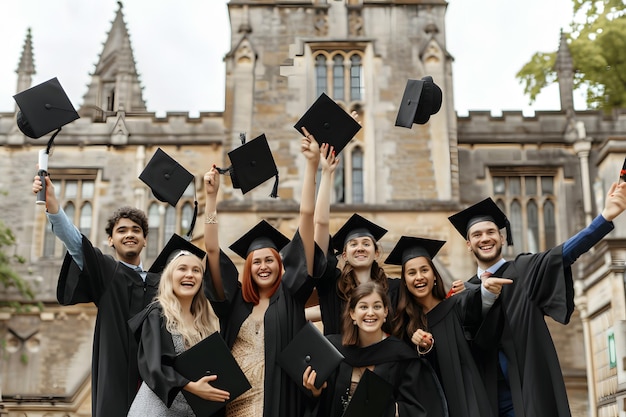 Group of happy graduates showing thumbs up at university campus