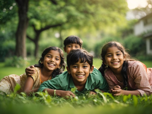 Group of happy Indian children lying on green grass outdoors in park Playful asian kids in the gard