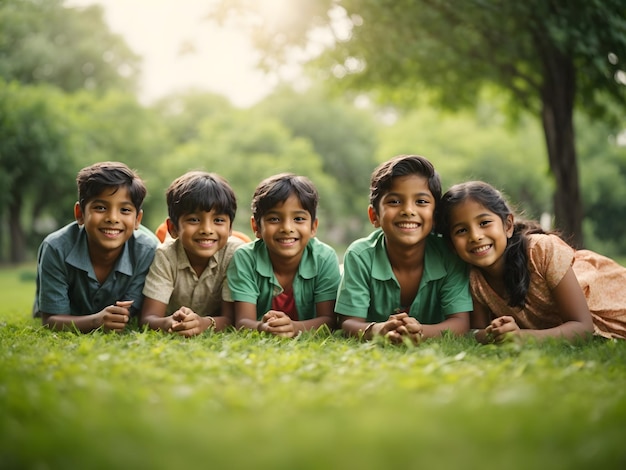 Group of happy Indian children lying on green grass outdoors in park Playful asian kids in the gard