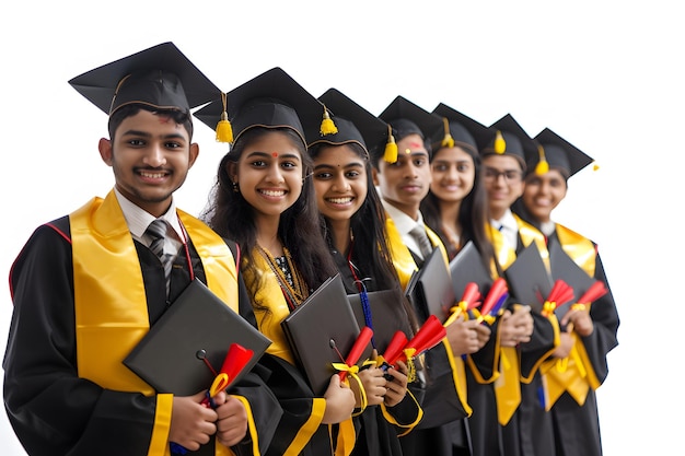 Group of happy indian graduates with diplomas and certificate in hands