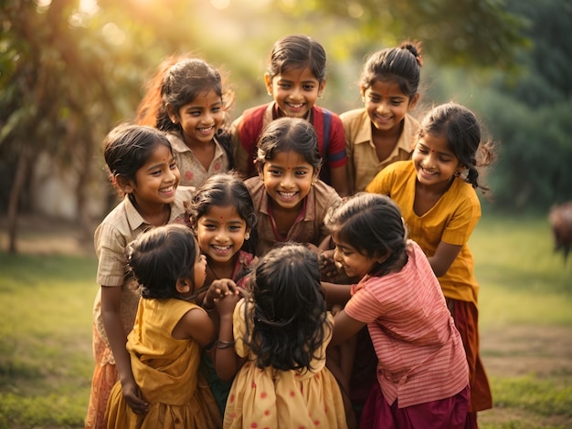 Group of happy Indian kids playing outdoor