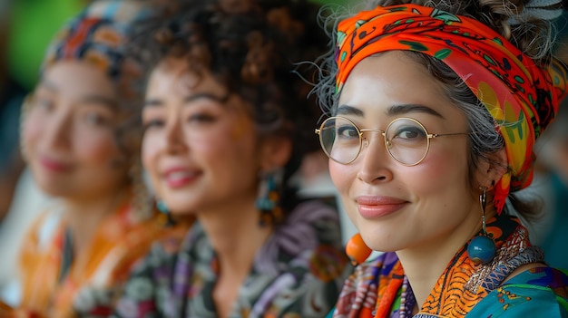 Photo group of happy japanese woman vibrant lively discussing beauty skincare tip wearing colorful sarong