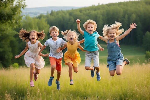 Group of happy kids jumping on summer meadow