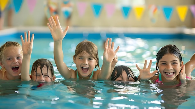 A group of happy kids learning swimming in indoor summer pool Happy children kids group at swimming