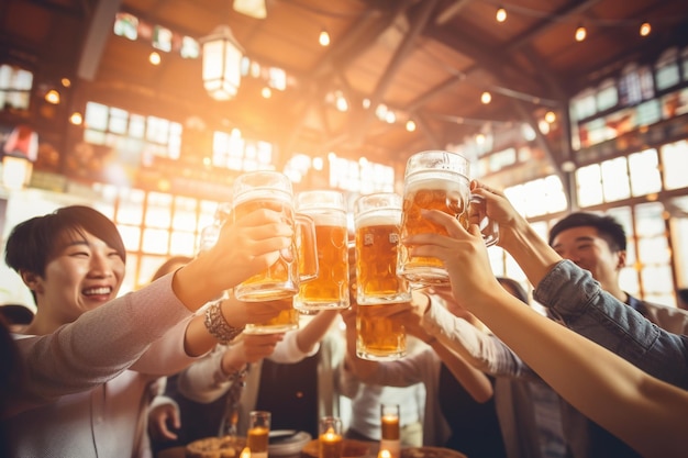 A group of happy Korean people clink their beer mugs together celebrating the festive atmosphere of