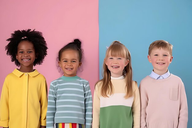 Group of happy multiethnic school kids smiling on colorfull background