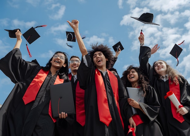 Group of happy multiethnic students celebrating graduation with diplomas and cap