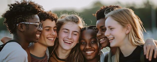 Group of happy multiethnic teenagers smiling and having fun together outdoors