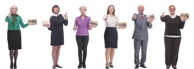 Group of happy people with gifts in their hands isolated