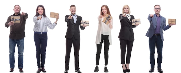 Group of happy people with gifts in their hands isolated