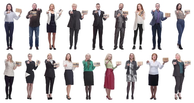 Group of happy people with gifts in their hands isolated