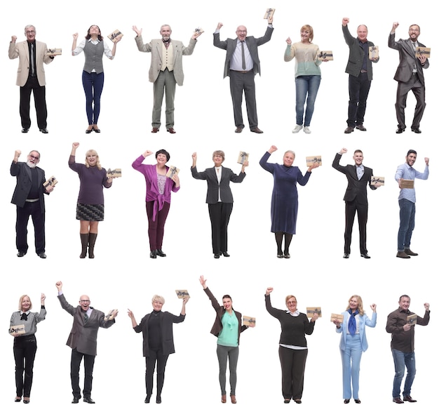 Group of happy people with gifts in their hands isolated