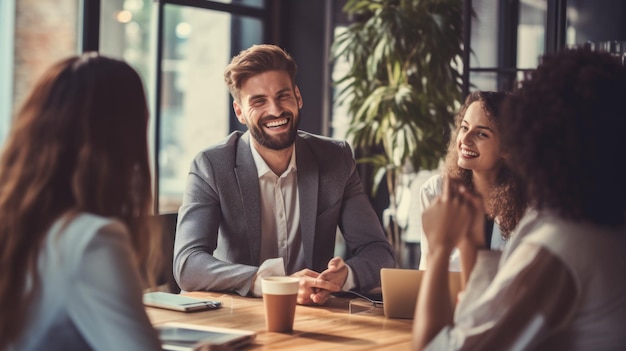 A group of Happy Satisfied Successful Businessmen at a table meeting Young Men and Women laugh Discuss Ideas and Plan to launch Projects in the Office