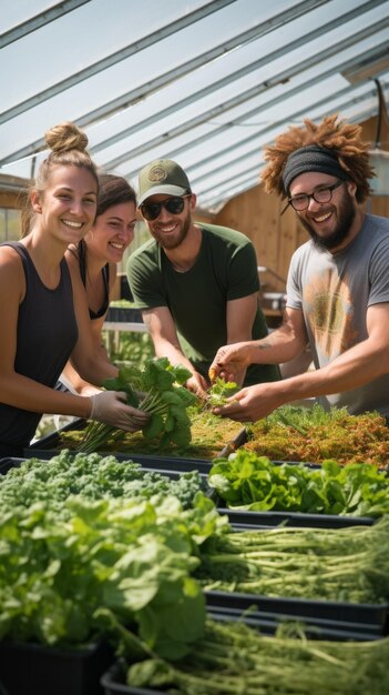 Photo a group of happy smiling women and men harvest vegetables and herbs in a greenhouse on the roof city farmer communal agriculture organic products business concepts