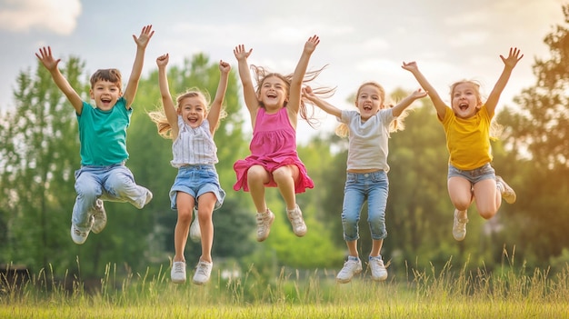 Photo group of happy sportive children jumping outdoors