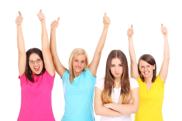 a group of happy successfull friends and one sad one over white background