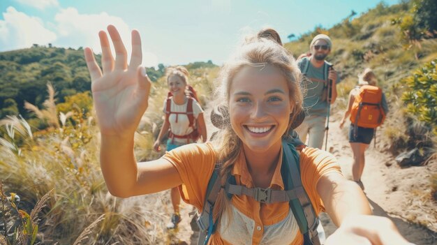 Photo group of happy tourists trekking on a sunny day ai generated image