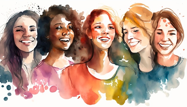 Group of happy women for International Women's Day watercolor style drawing Generative Ai