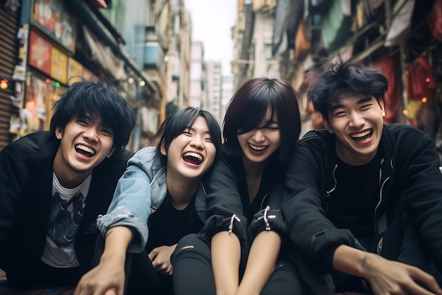 Group of happy young asian friends laughing and having fun together in the city