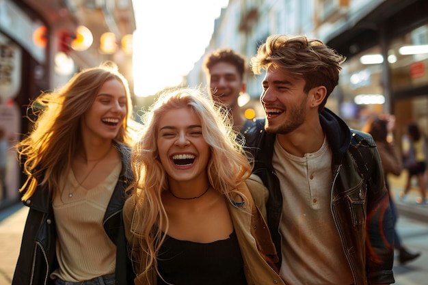 A Group of happy young friends laughing and walking