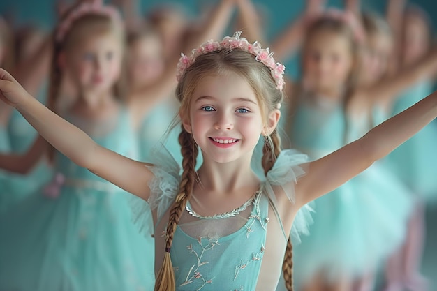 A group of happy young girls doing ballet dance with a big empty space and blurry backdrop generative AI