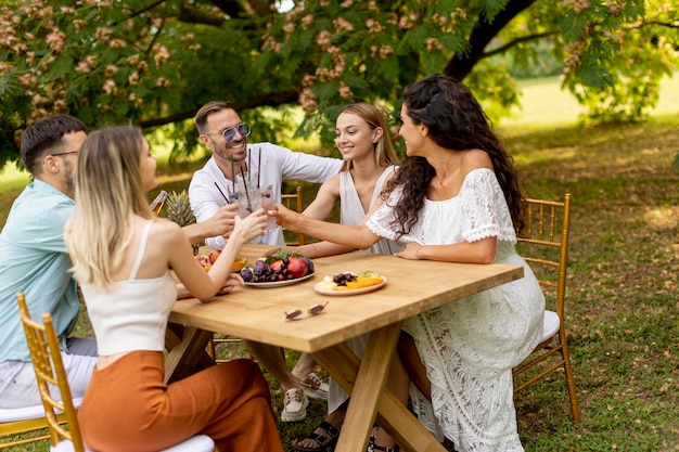 Group of happy young people cheering with fresh lemonade and eating fruits in the garden