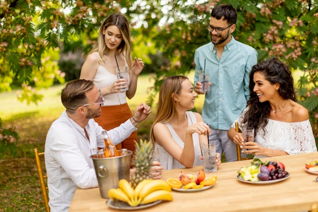 Group of happy young people cheering with fresh lemonade and eating fruits in the garden