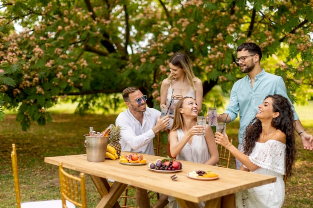 Group of happy young people cheering with fresh lemonade and eating fruits in the garden