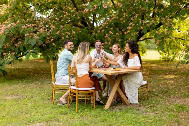 Group of happy young people cheering with fresh lemonade and eating fruits in the garden