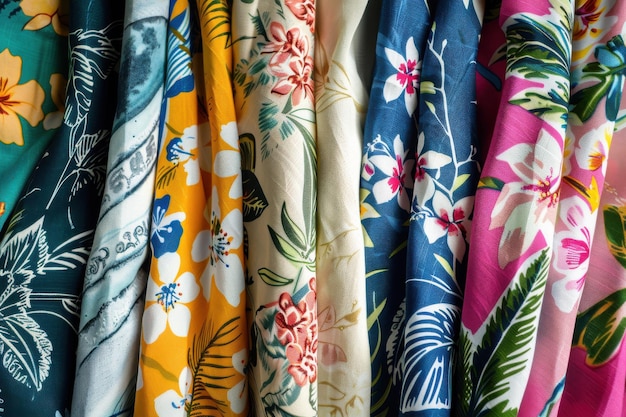 group of Hawaiian shirts featuring bright floral motifs