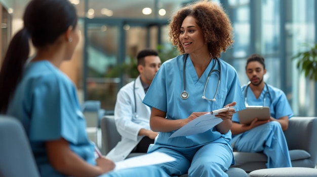 group of healthcare professionals are having a discussion