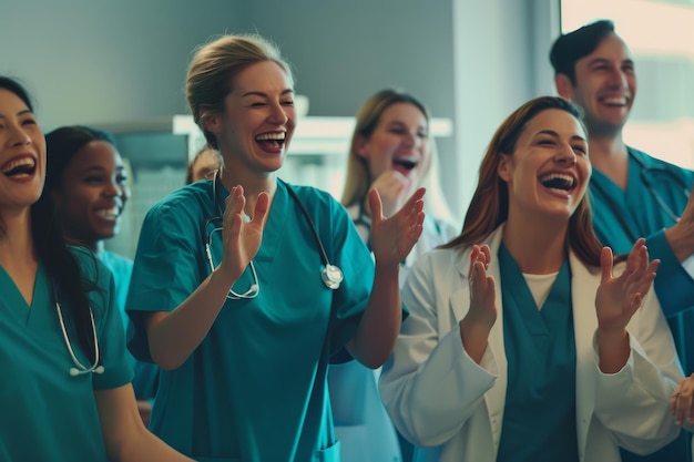 Photo a group of healthcare professionals joyfully clapping and celebrating together in a hospital setting