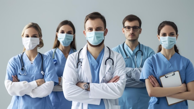 group of healthcare professionals in scrubs and protective masks are standing confidently