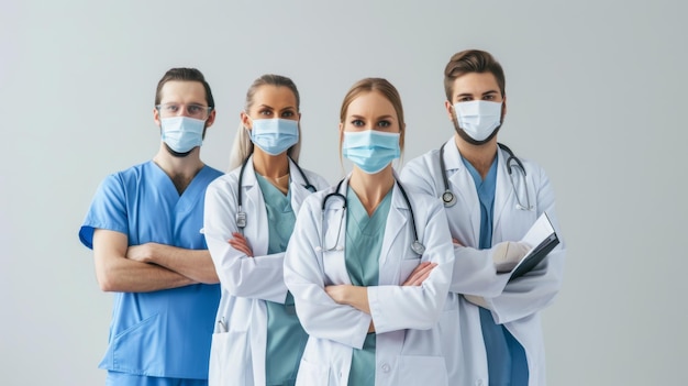 group of healthcare professionals in scrubs and protective masks are standing confidently