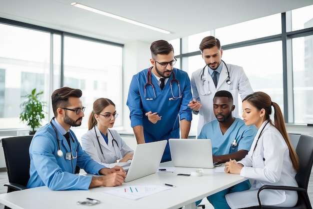 Group of healthcare workers and businessman using laptop while having a meeting in the office Focus is on young doctor