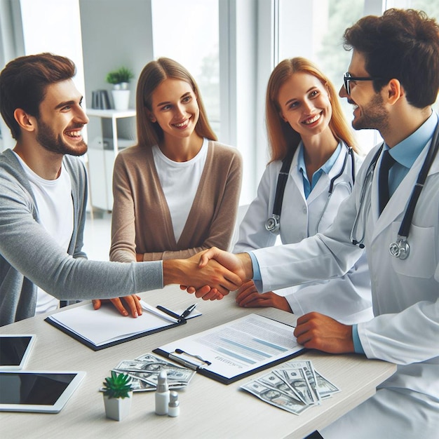 Group of healthcare workers greeting a financial advisor during the meeting in the office Focus is o