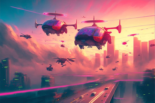 Group of helicopters flying over a city generative ai