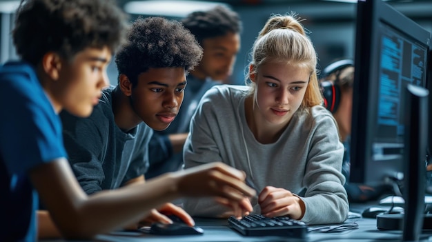 Photo a group of high school students in a computer lab working on a programming assignment together with the teacher providing guidance showcasing the importance of computer programming skills the