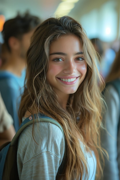 Group of high school students happily stroll down hallway chatting carrying backpacks embodying youthful camaraderie