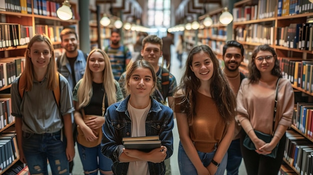 Photo group of higher education students in school background