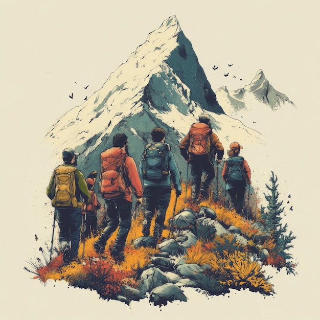 Photo a group of hikers ascending a mountain showcasing adventure and exploration in nature