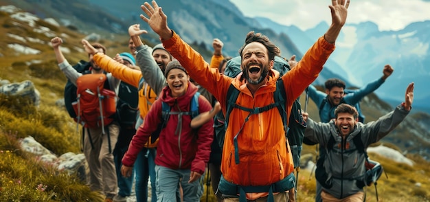 Photo group of hikers celebrating on a mountain trail