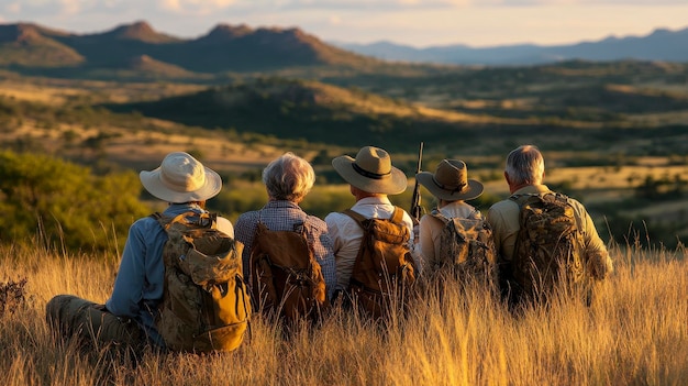 Photo a group of hikers enjoying a scenic view in a natural landscape during sunset