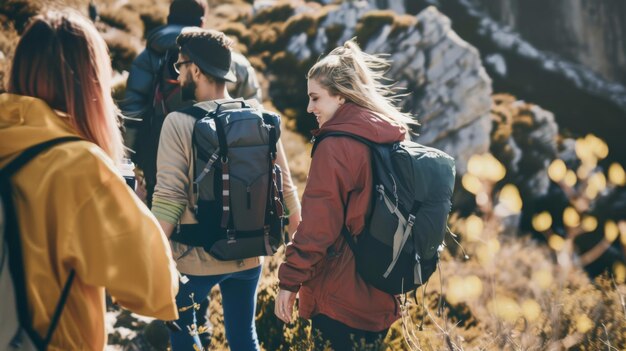 Photo group of hikers enjoying a sunny day on a scenic mountain trail surrounded by autumn foliage