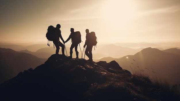 Group of hikers on a mountain top Generative Ai