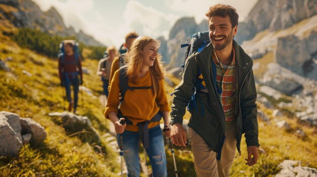 Photo group of hikers on mountain trail