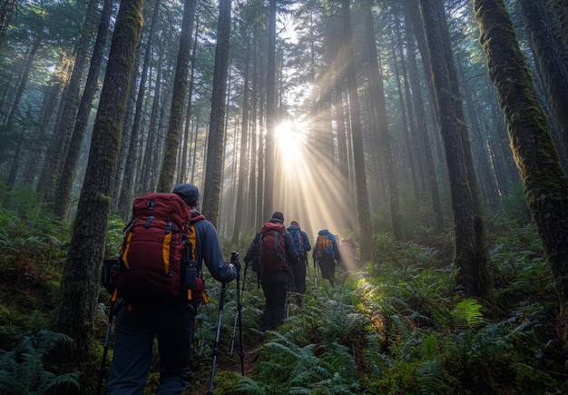 Photo a group of hikers navigating through a dense forest sunlight filtering through the tall trees